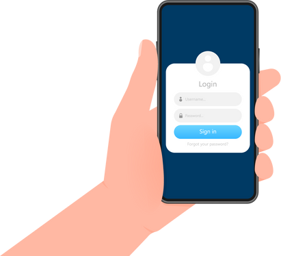 Hand holds phone with sign up form window on screen on blue